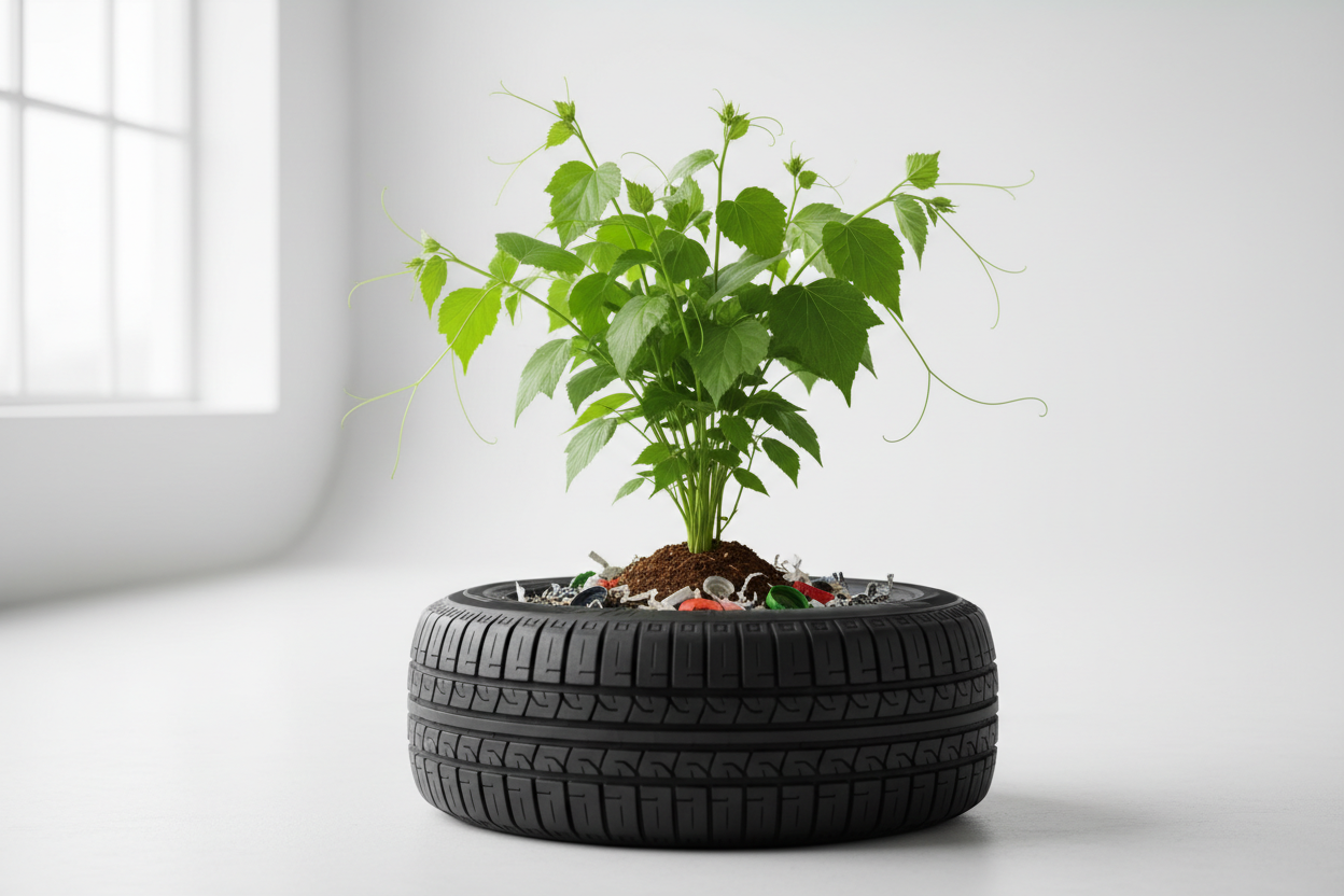 Spare tire has a plant growing from it to indicate its revival and recycling